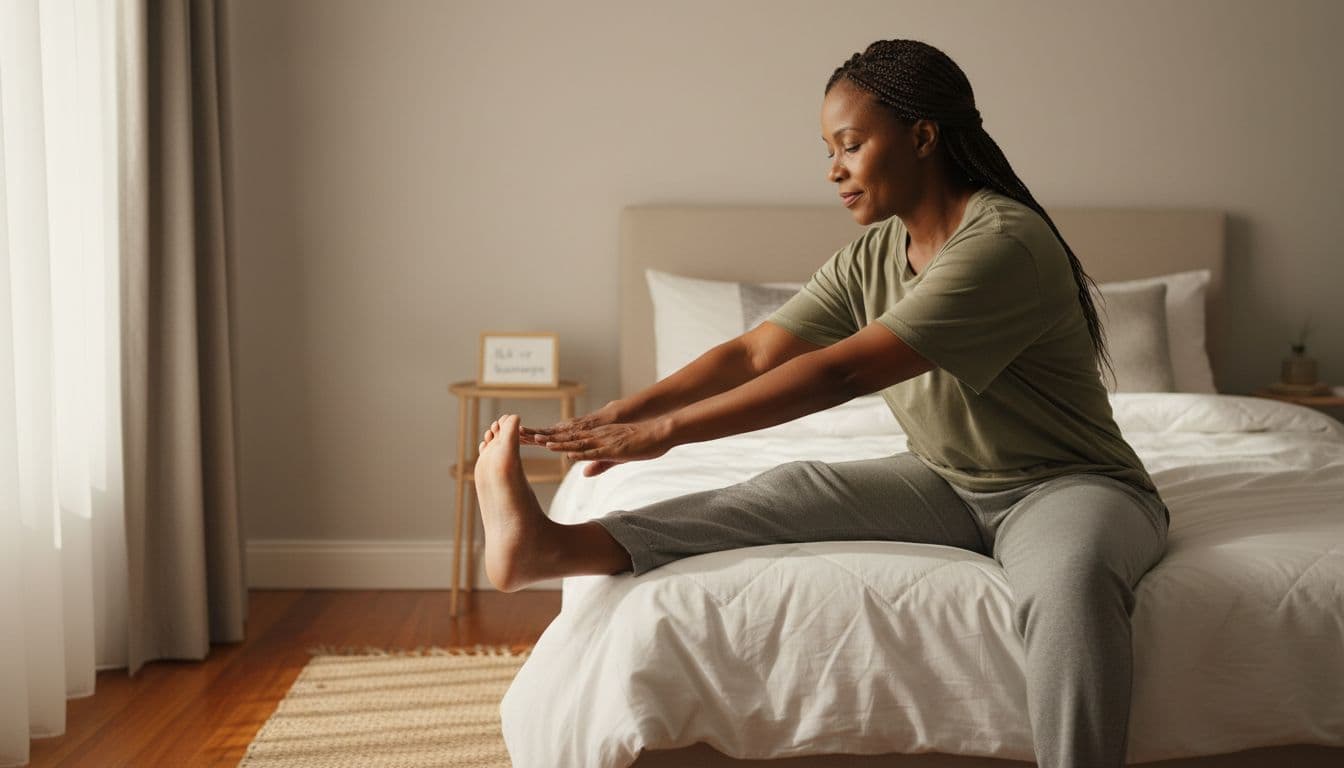 A middle-aged South African woman in comfortable home clothes gently stretches her calf muscle while sitting on a bed in a cozy bedroom with natural morning light, showing a relaxed pose and serene expression of relief.