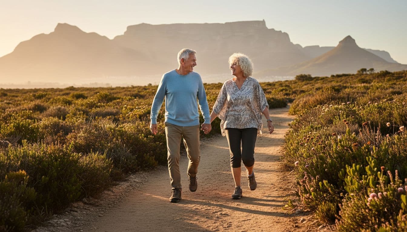 A smiling senior South African couple in their 60s walks briskly on a path through fynbos landscape near Cape Town during golden hour, promoting daily exercise for brain health.