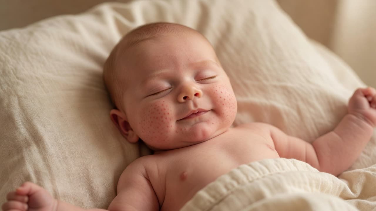 A newborn rests peacefully on a folded white natural cotton blanket. The close-up shot highlights delicate skin texture under the soft glow of gentle morning sunlight filtering into the room.