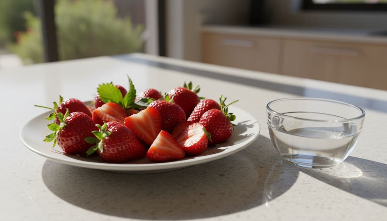 Sliced ripe strawberries with green leaves on a white plate next to a bowl of water on a kitchen counter.