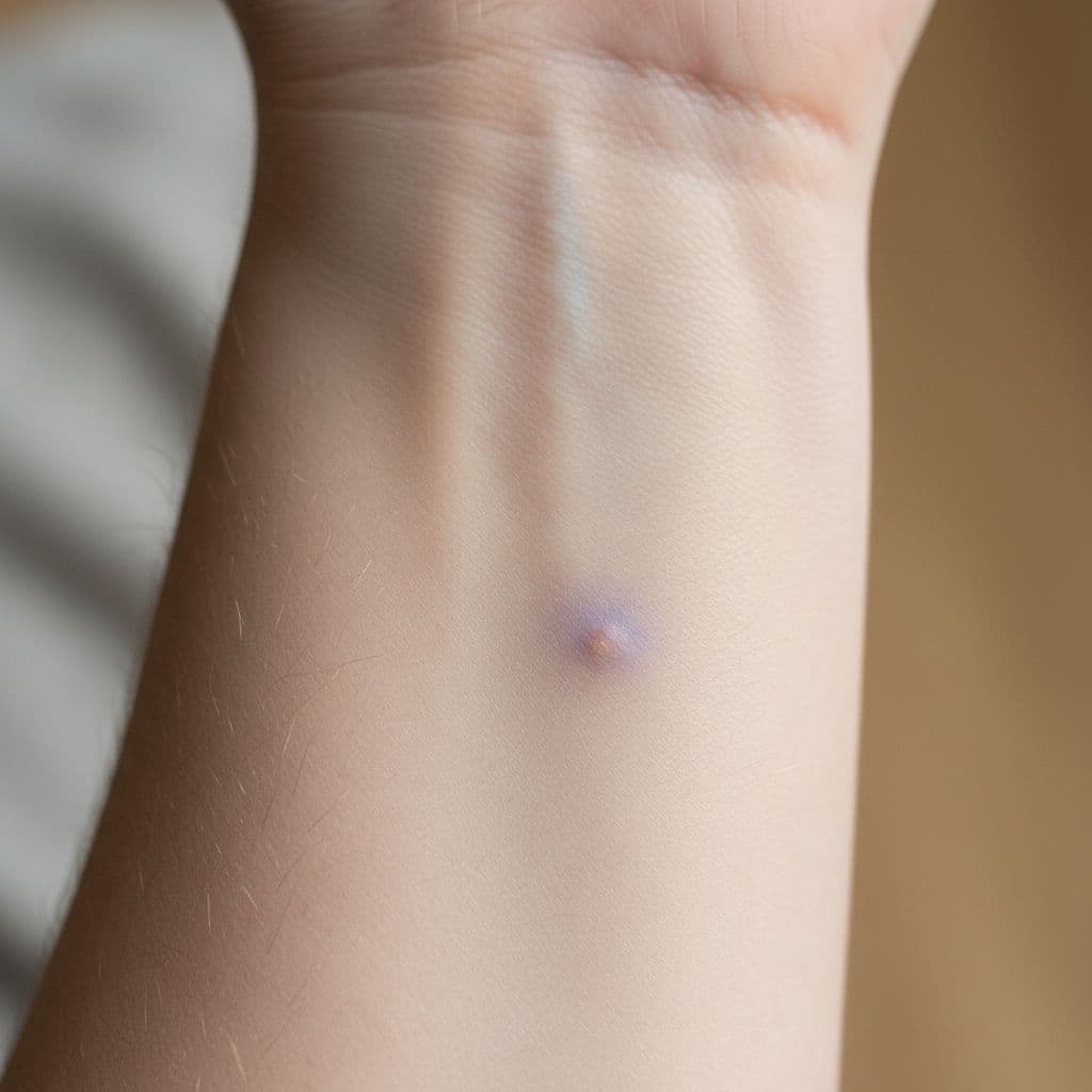 Maklike Kneusing? Let op hierdie vitamien K-tekort simptome Natuurlike Medisyne A close-up view showing a small, light-colored bruise on human skin.