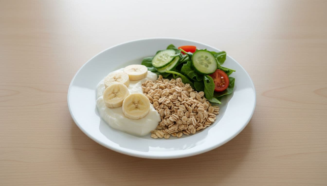 A small healthy meal with oatmeal, banana slices, yogurt, and fresh vegetables on a white plate, arranged appetizingly on a table with soft lighting and simple composition.