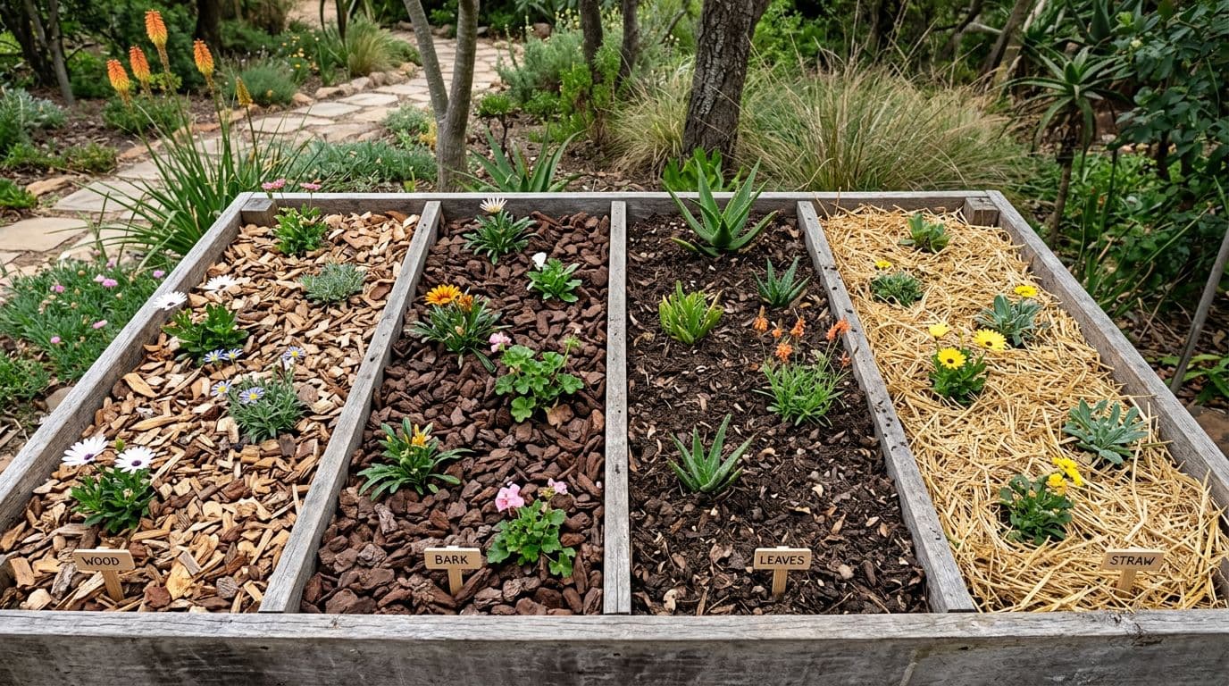 Top-down angled view of a garden bed divided into four sections showcasing common South African mulches: wood chips, pine bark, composted leaves, and straw lucerne, each with distinct textures, 7-10 cm thick, and small indigenous plants under natural light.