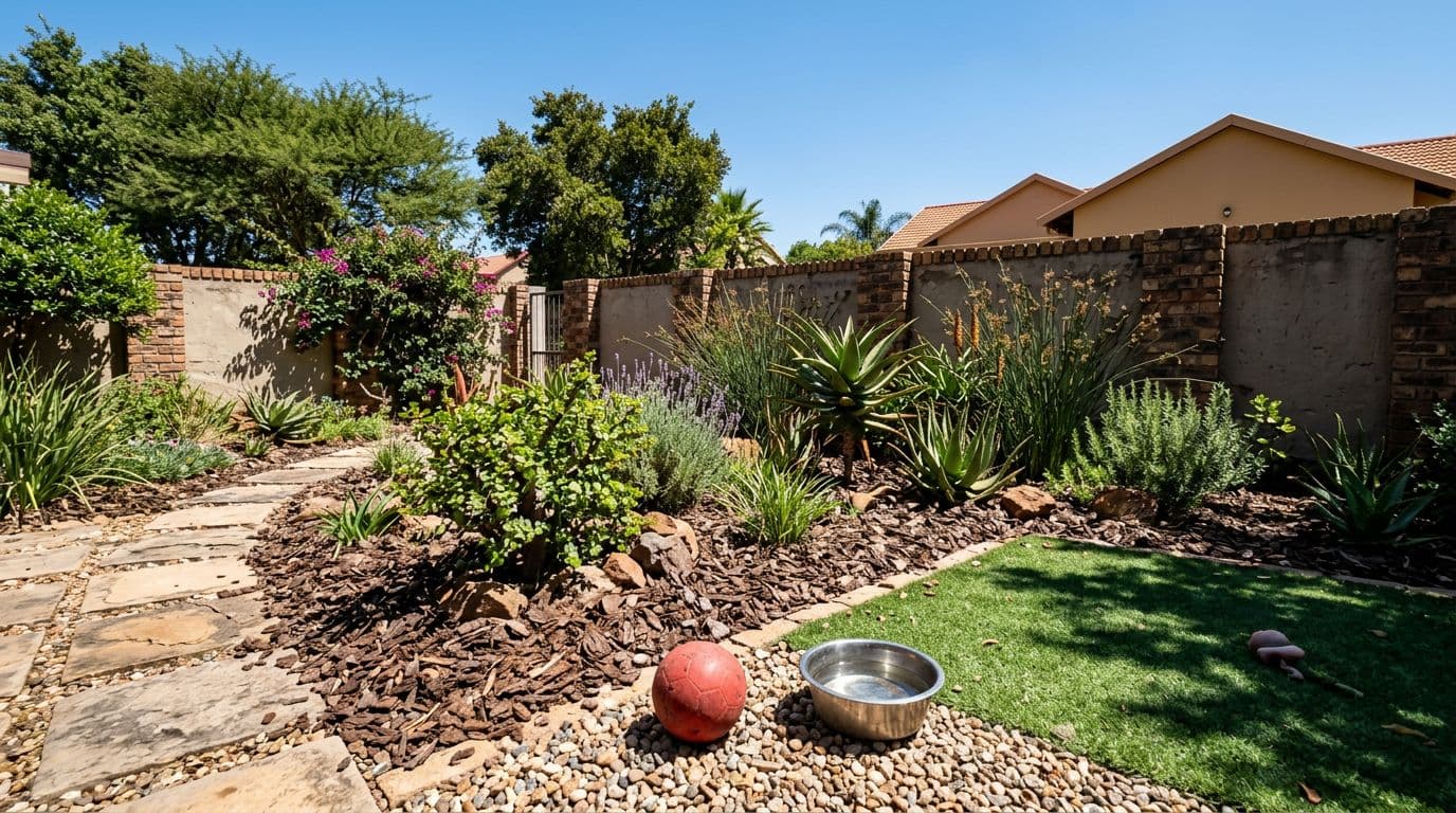 Photorealistic high-resolution landscape of a drought-aware, family pet-friendly garden alternative in suburban South Africa, featuring a small play area with hardwearing groundcover and compact mulched planting under bright harsh summer light. Practical items like a ball and dog bowl imply use, with realistic shadows, true-to-life textures, and no people, pets, text, or logos visible.