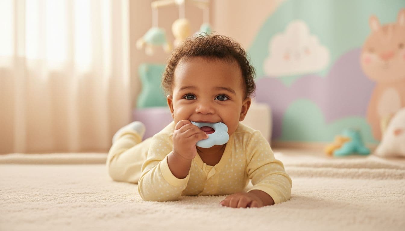 9-month-old South African baby lies on soft blanket in sunny nursery, gnawing silicone teething ring held loosely in one hand.