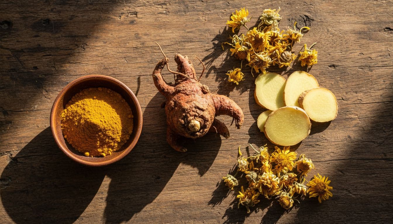 Fresh devil's claw root, turmeric powder in bowl, ginger slices, and arnica flowers on rustic wooden table in sunlit kitchen, top-down close-up.