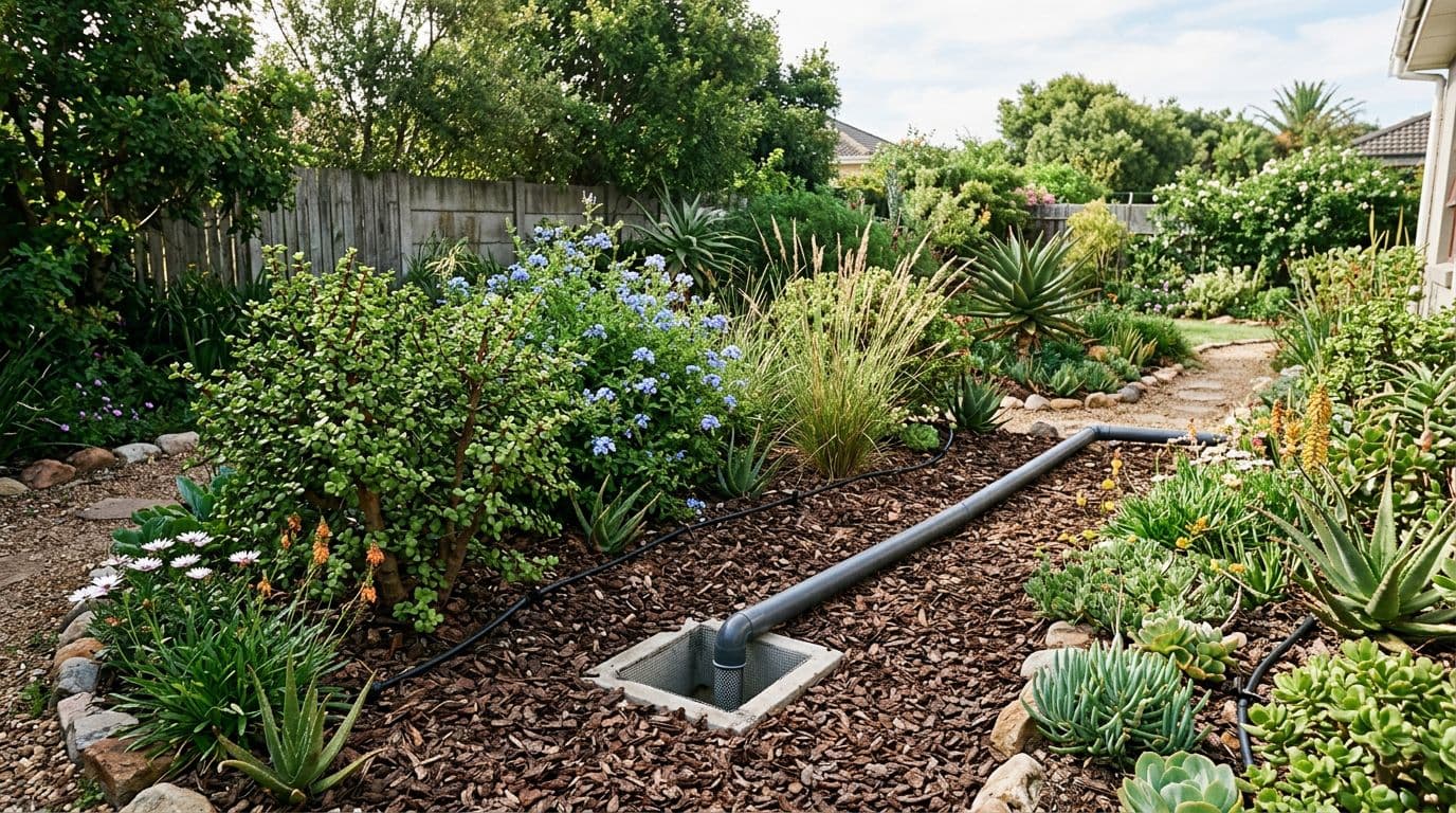 Photorealistic image of a typical South African suburban backyard garden in a summer-rainfall region, featuring diverse greywater-friendly plants like Spekboom shrubs, perennials, indigenous grasses, and succulents around a mulch-covered bed with drip irrigation and a greywater basin outlet.