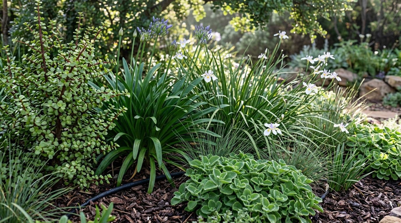 Photorealistic close-up of greywater-friendly plants in a South African garden bed, featuring Spekboom shrubs, Agapanthus, Dietes iridioides, Plectranthus, and indigenous grasses with mulch and subtle drip hose under morning light.