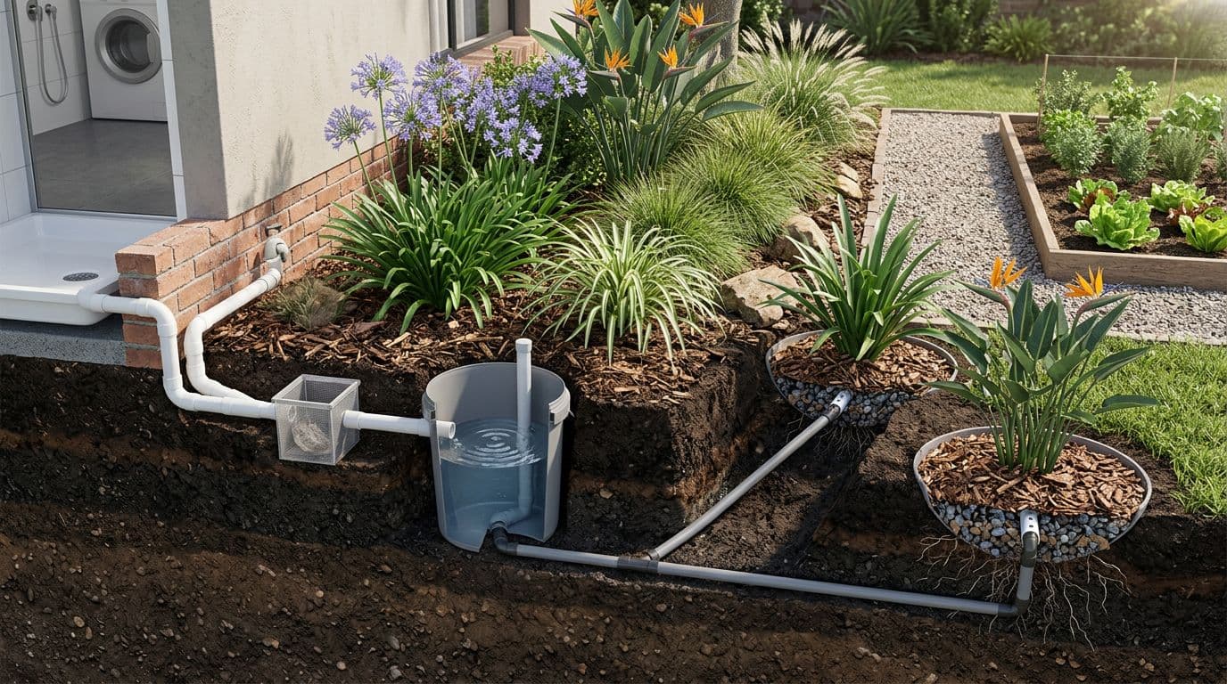 Photorealistic clean minimal cutaway illustration of a greywater system in a South African suburban garden, showing water flow from shower and laundry through filters, surge bucket, and branching pipes to mulch basins for safe subsurface irrigation under non-edible plants.