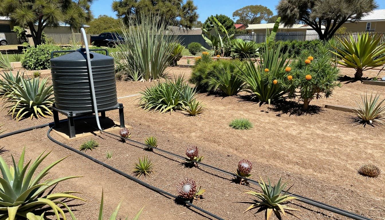 Realistic photo of a sunny South African home garden with a raised JoJo water tank using gravity drip lines to water indigenous plants like aloes and proteas in dry soil.
