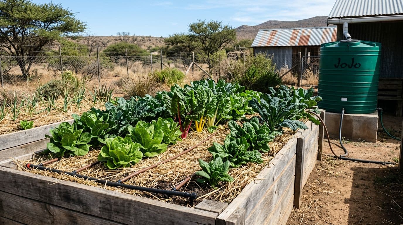 Raised veggie bed in South African garden featuring drip lines under thick straw lucerne mulch between rows of healthy greens, with a simple rainwater tank nearby against a dry background. Natural light documentary-style photography with sharp detail and true-to-life colors.