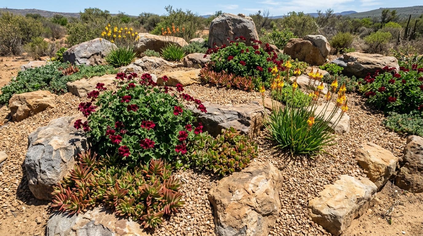 Simple overhead wide-angle view of a South African rockery garden featuring large natural boulders with planting pockets of red Pelargonium sidoides flowers, Crassula succulents, and Bulbine, topped with gravel mulch on sandy soil.