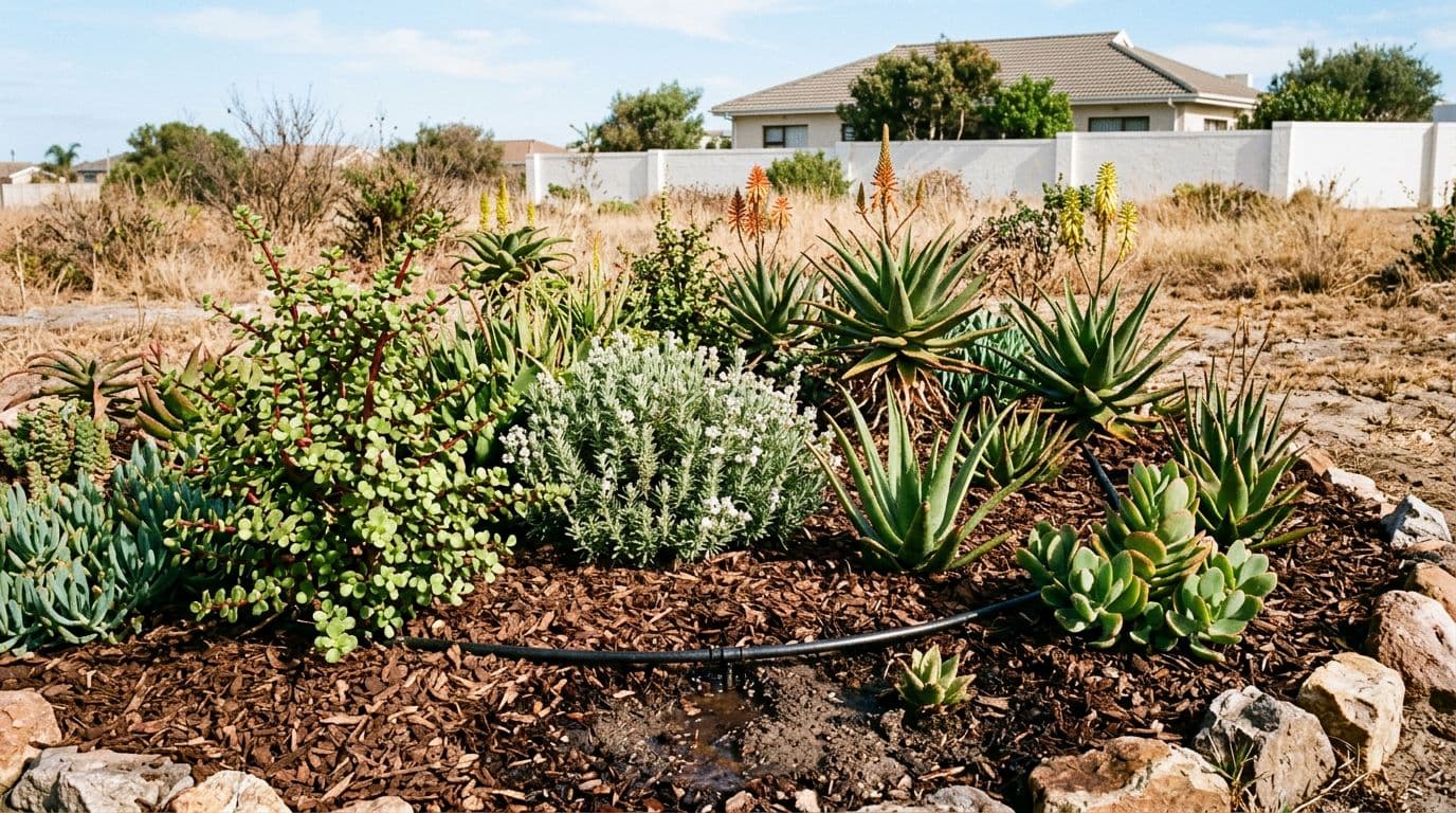 Suburban South African garden bed during dry spell with indigenous drought-tolerant plants like spekboom (Portulacaria afra), aloes, wild rosemary, covered in 7-10 cm organic bark mulch, drip irrigation visible under mulch, dry landscape background.