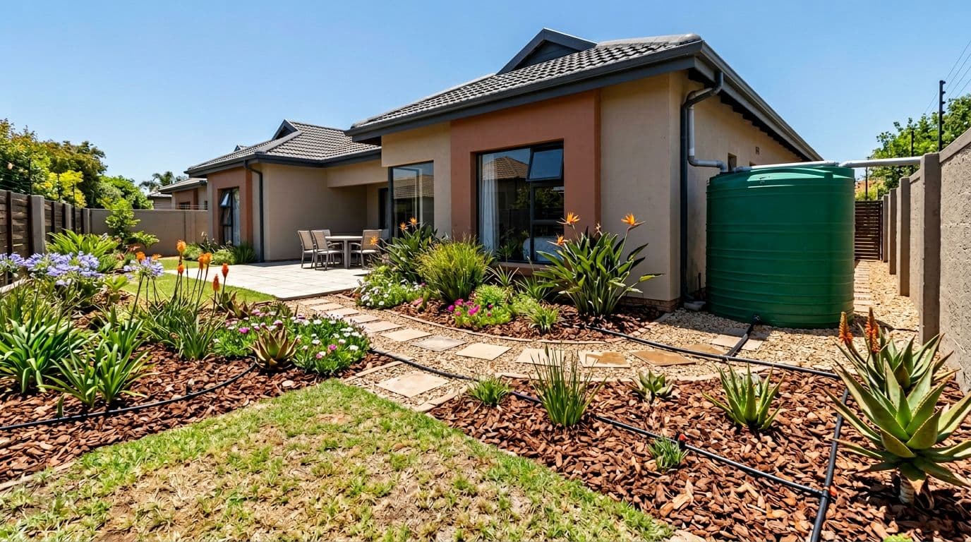 Photorealistic high-resolution landscape of a mixed garden featuring groundcover lawn, indigenous planting beds, mulch areas, a simple rainwater tank, and drip irrigation system in a modern suburban South African home under bright summer light.
