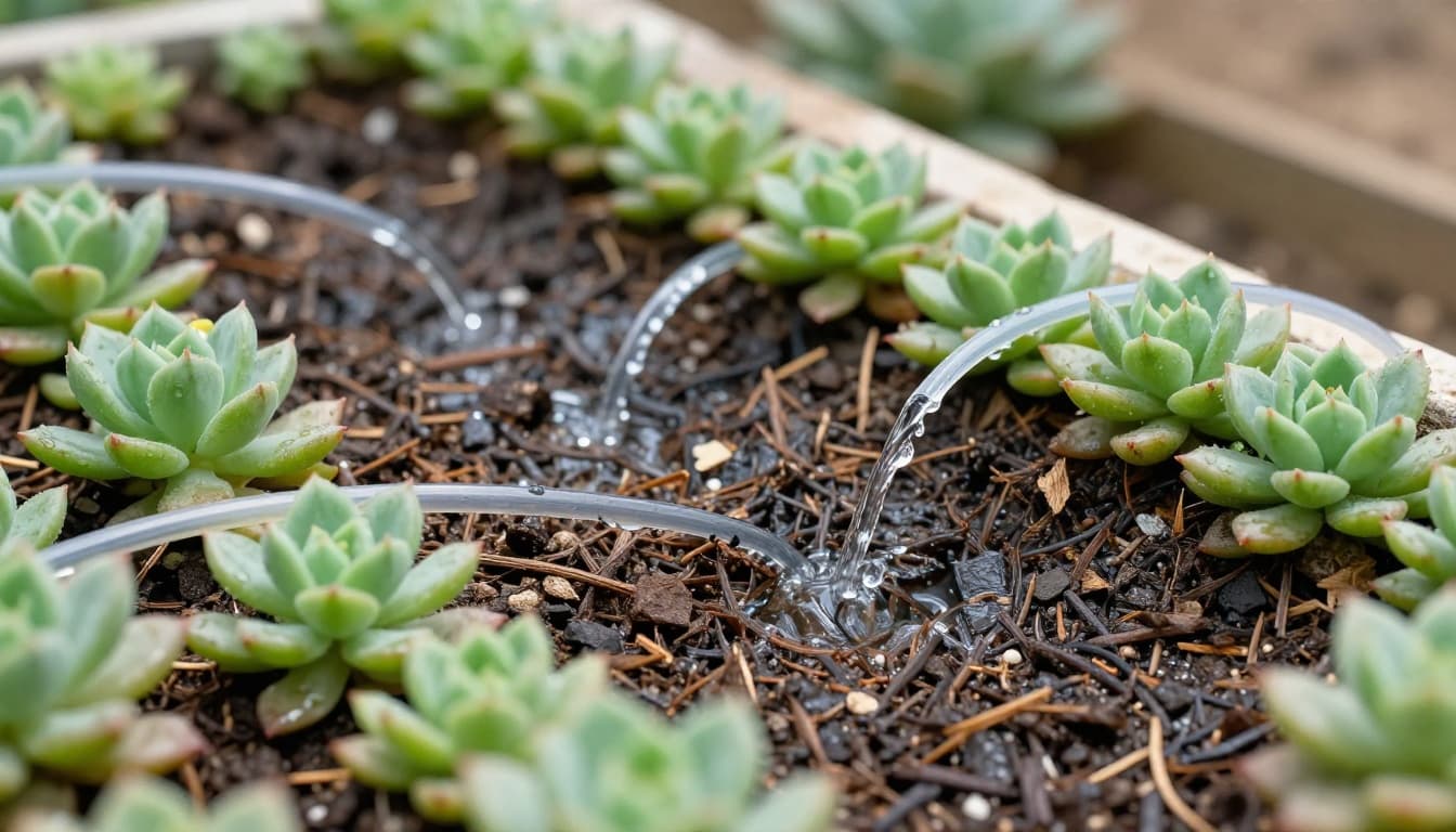 Close-up of drip emitters watering roots of succulent plants in a South African garden bed, with visible water drops, mulch, and simple gravity tubing under bright daylight.