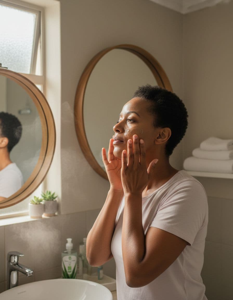 Middle-aged South African woman in cozy bathroom applying clear aloe vera gel to her clean face during morning routine, natural window light, relaxed expression.
