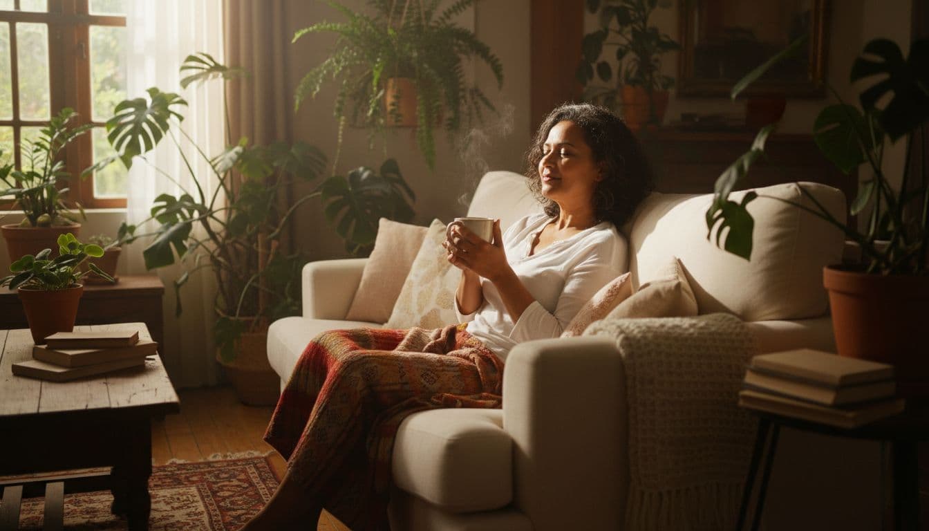 Middle-aged South African woman resting comfortably on a couch at home, holding a steaming cup of rooibos tea in a cozy living room with plants and soft natural light, illustrating natural recovery from illness.