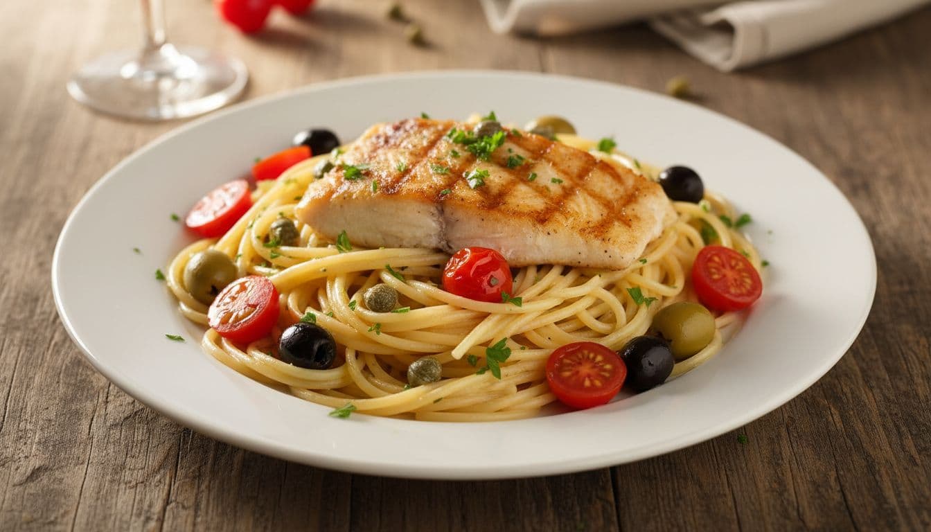 Plate of spaghetti with grilled fish fillet, cherry tomatoes, olives, chopped capers, parsley, and lemon sauce on rustic table.