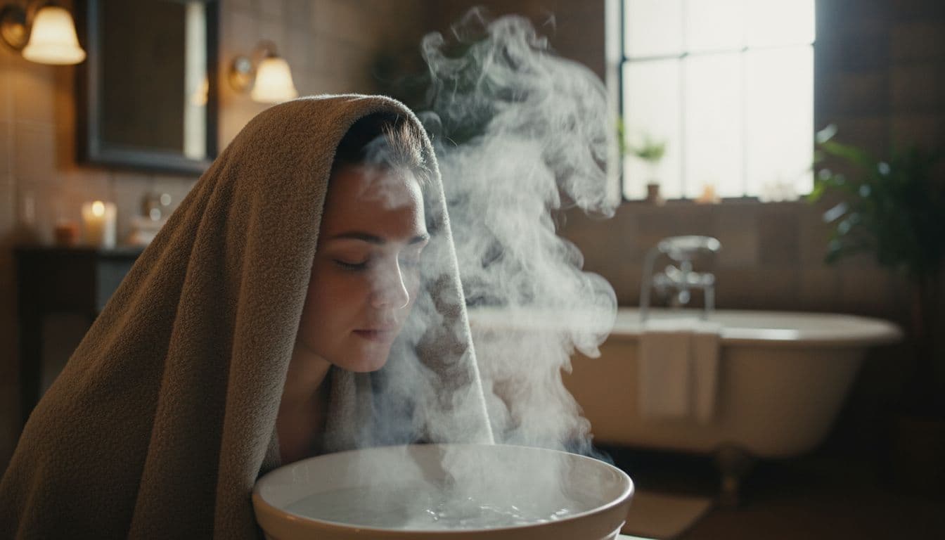 Person partially visible leaning over steaming water bowl with towel over head in bathroom.