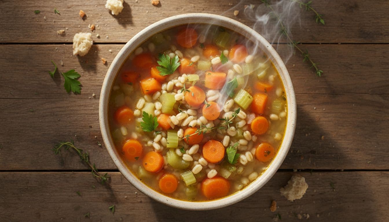 A steaming bowl of hearty barley vegetable soup on a wooden table, with visible chunks of carrots and celery, under warm golden lighting in an appetizing top-down food photography style with high detail.