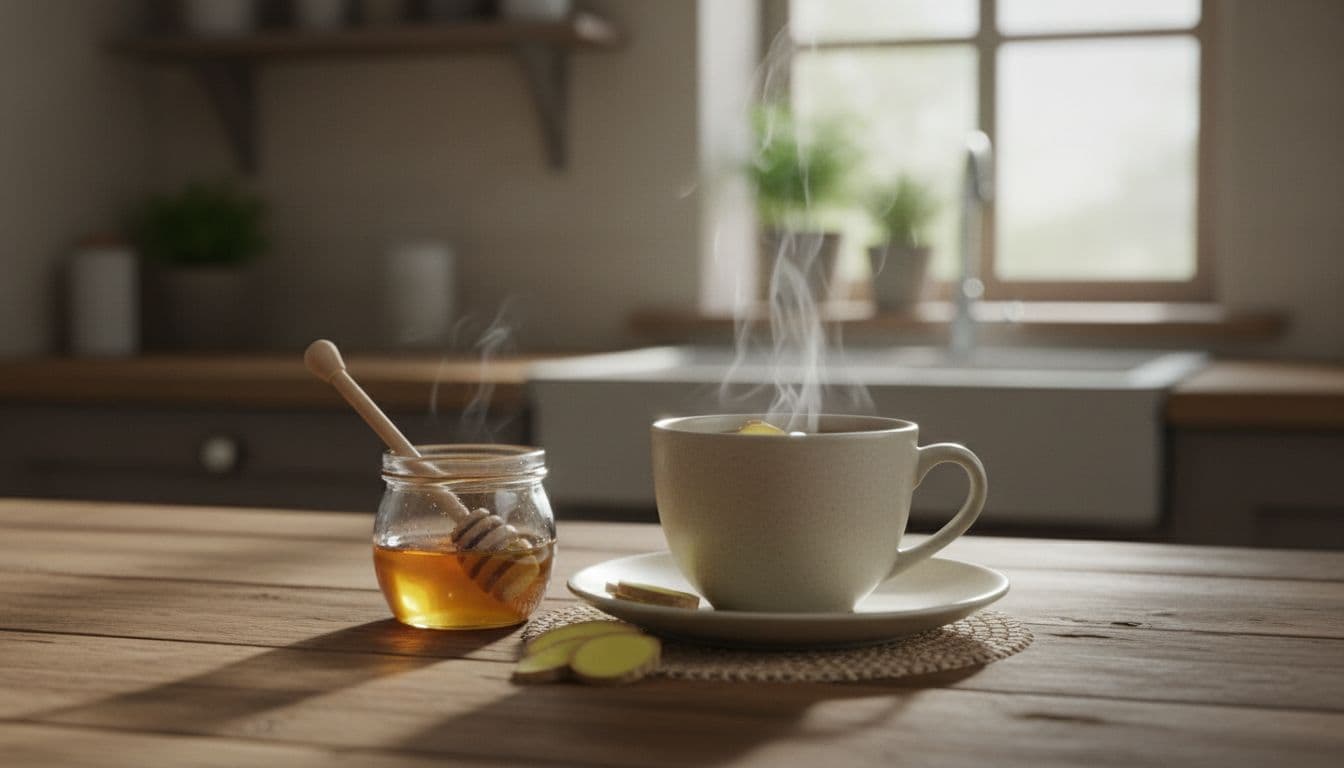 Fresh ginger root slices in a cup of steaming tea on a wooden table with a nearby honey pot in a cozy kitchen environment with natural light.