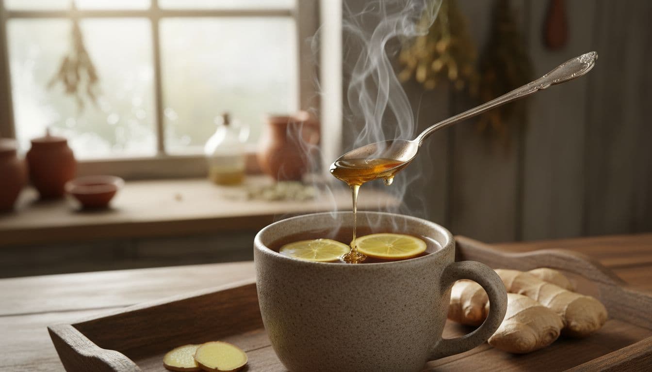 Steaming cup of ginger tea with ginger slices, lemon wedge, and honey spoon on wooden tray in rustic kitchen.
