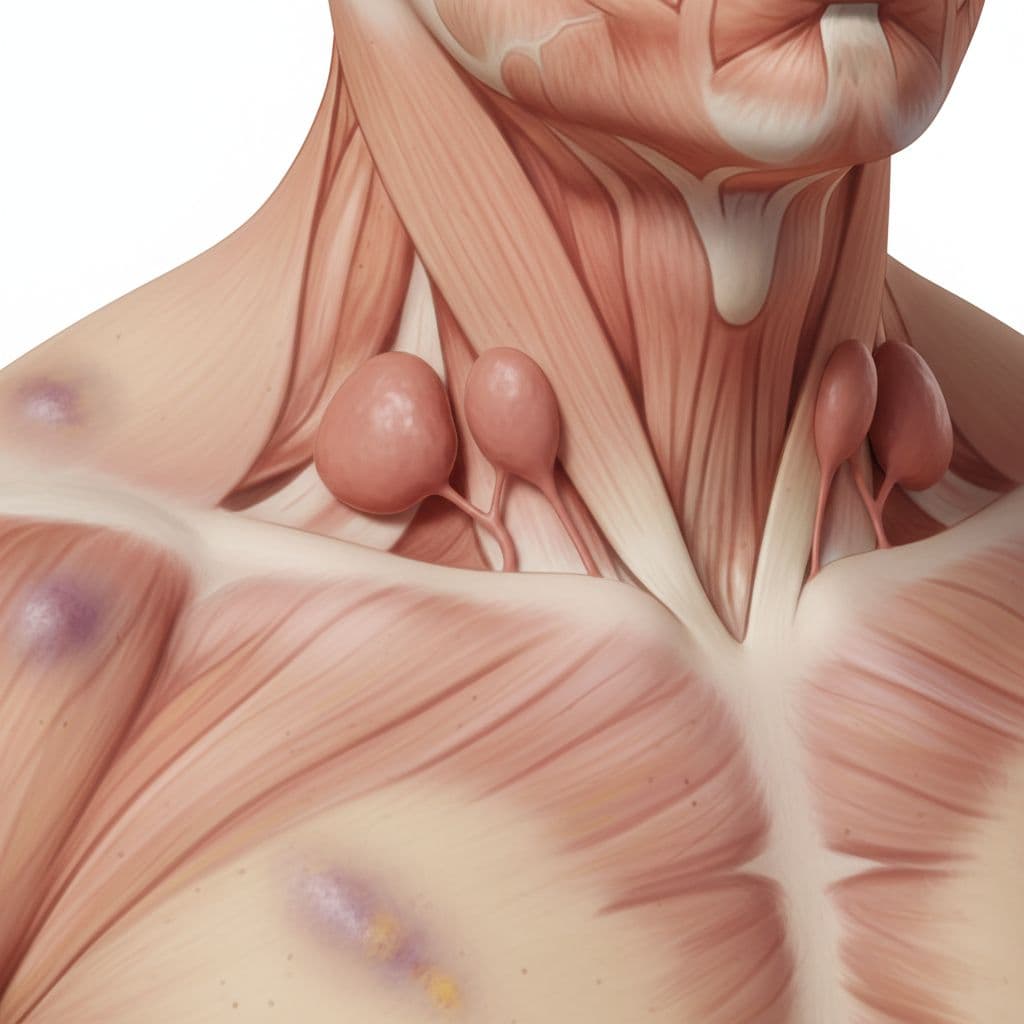 Close-up realistic medical illustration of swollen lymph nodes on the neck and subtle bruising on the arm, featuring soft lighting, anatomical accuracy, and detailed skin texture, without faces, text, or extra elements.