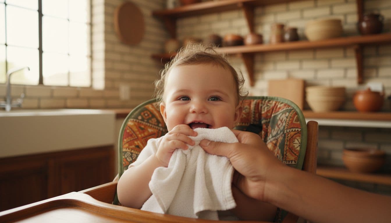 8-month-old baby in high chair chews damp cloth held by parent's hand in cozy kitchen.