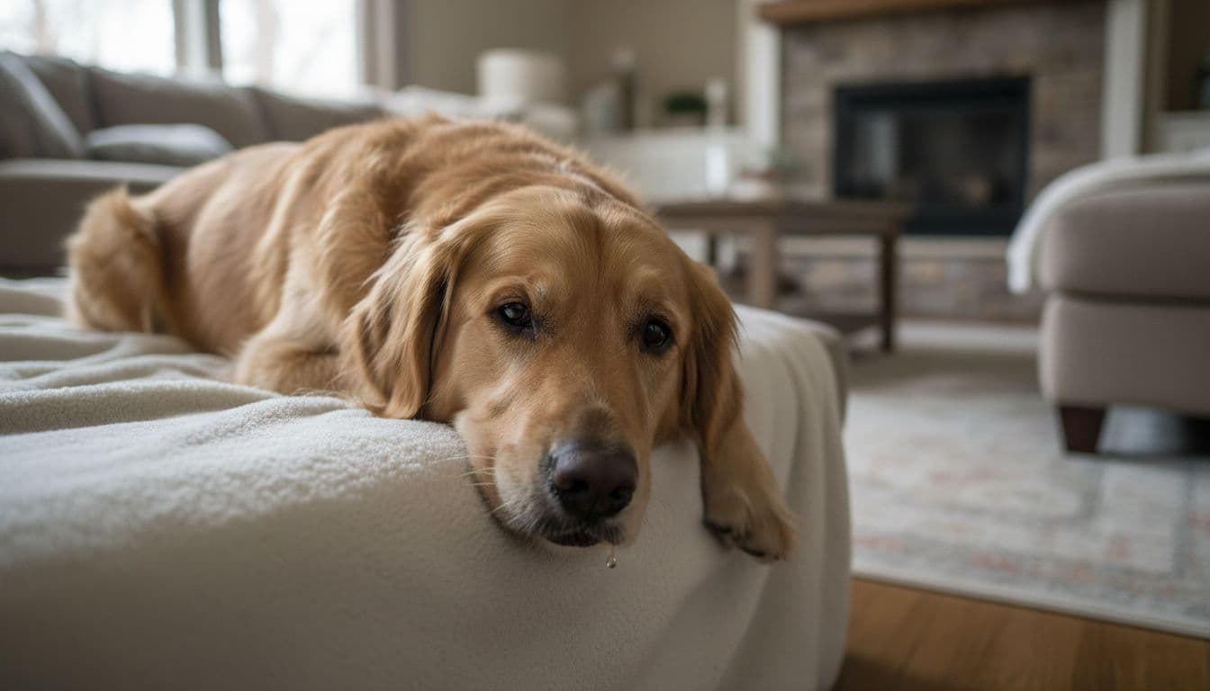 Golden retriever lies head down on soft blanket in living room, drooling slightly.