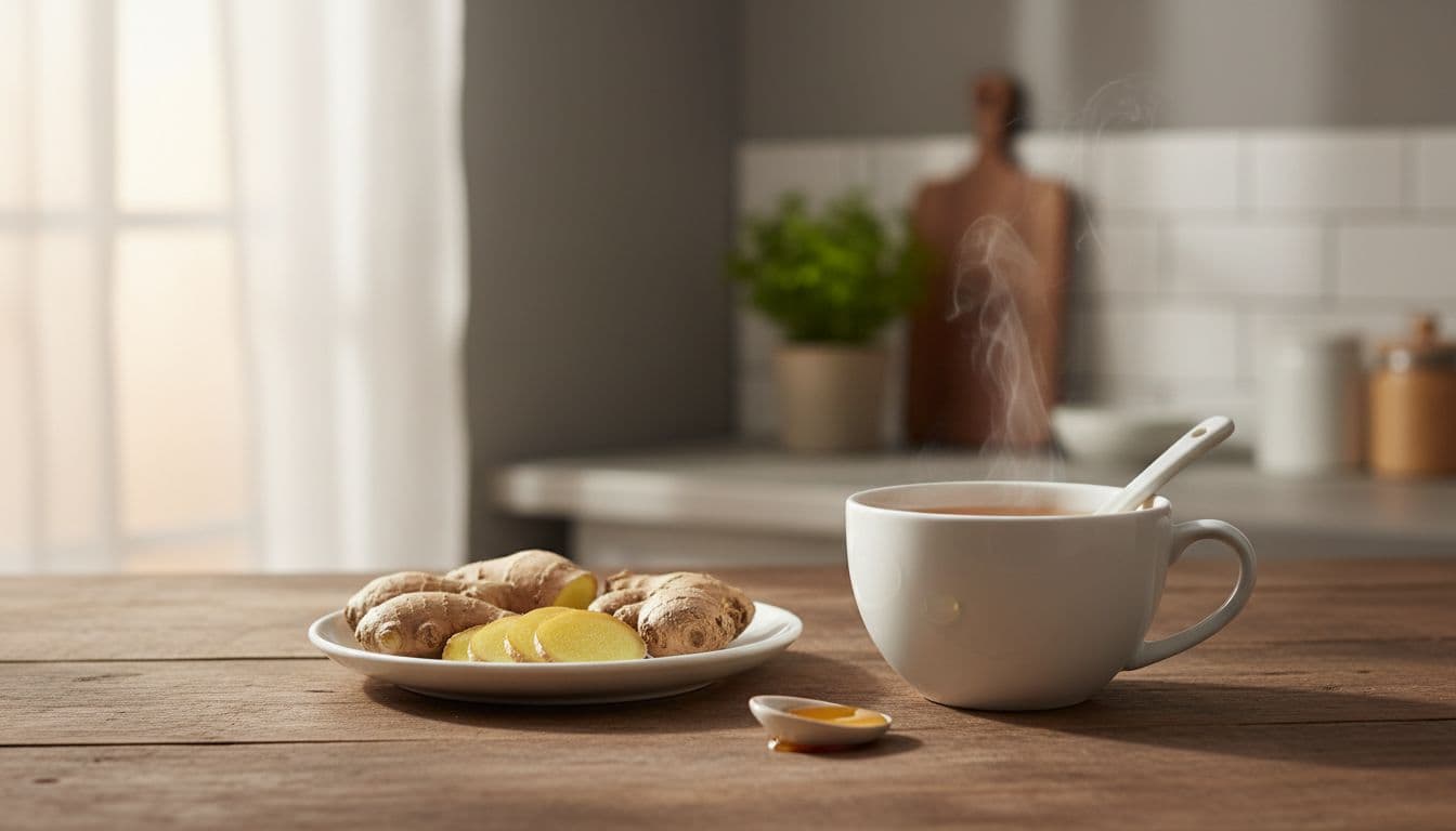 Vars gemmerwortel geskil en in skywe gesny lê langs 'n koppie warm gemmertee met 'n lepel heuning op 'n houttafel met sagte natuurlike lig uit 'n venster in 'n rustige kombuis. Eenvoudige natuurlike remedie vir sooibrand verligting, hoë detail en appetytlik.