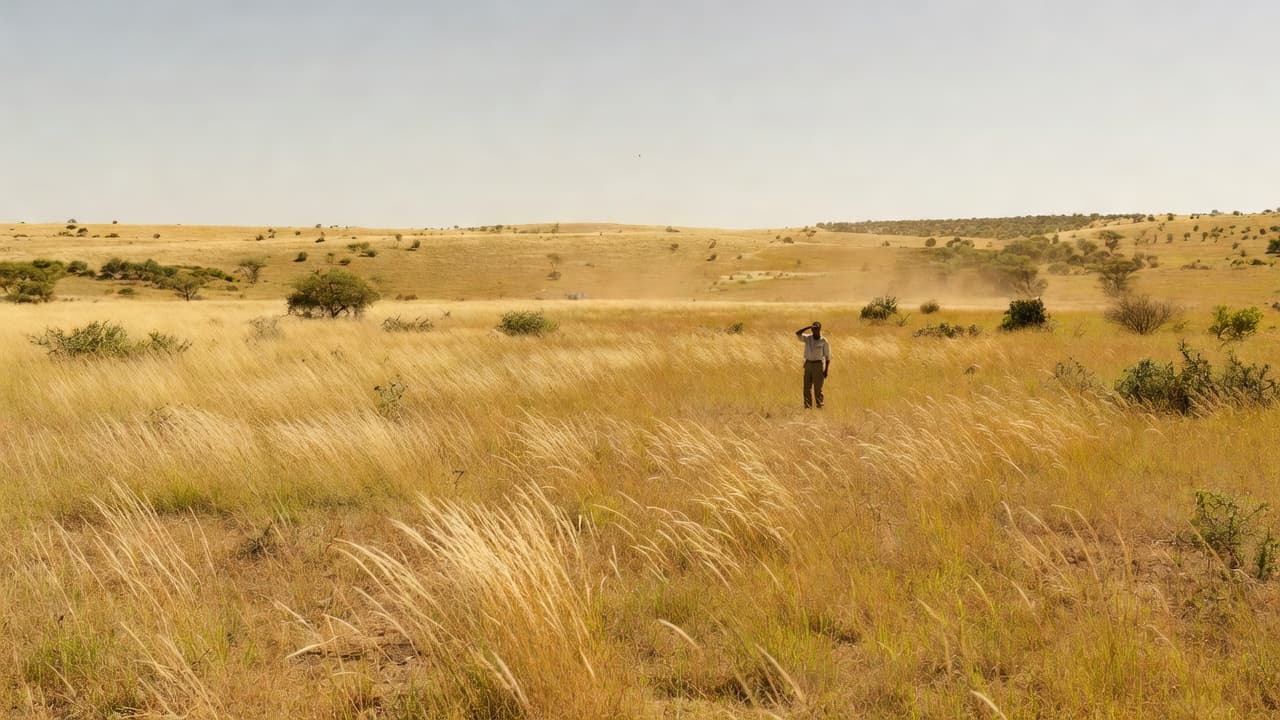 Iemand in lang klere stap deur die hoë gras van 'n sonnige Suid-Afrikaanse veld.