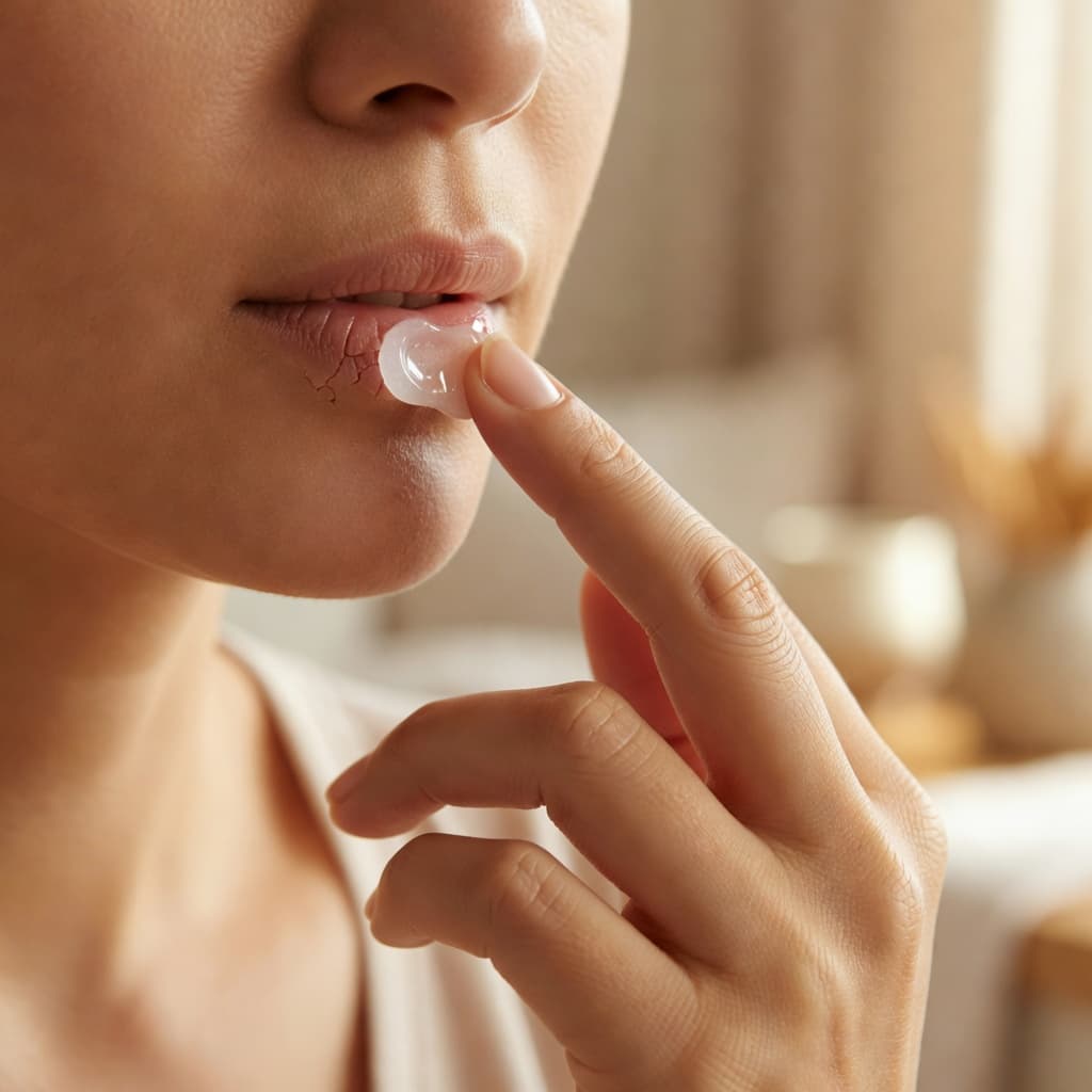 Mondhoekkrake: Oorsake en sagte sorg wat help Natuurlike Medisyne Iemand smeer sagkens 'n natuurlike balsem aan 'n droë mondhoek met hul vinger. Die toneel is lig en helder met warm sonlig wat fokus op die herstellende sorg van die vel.