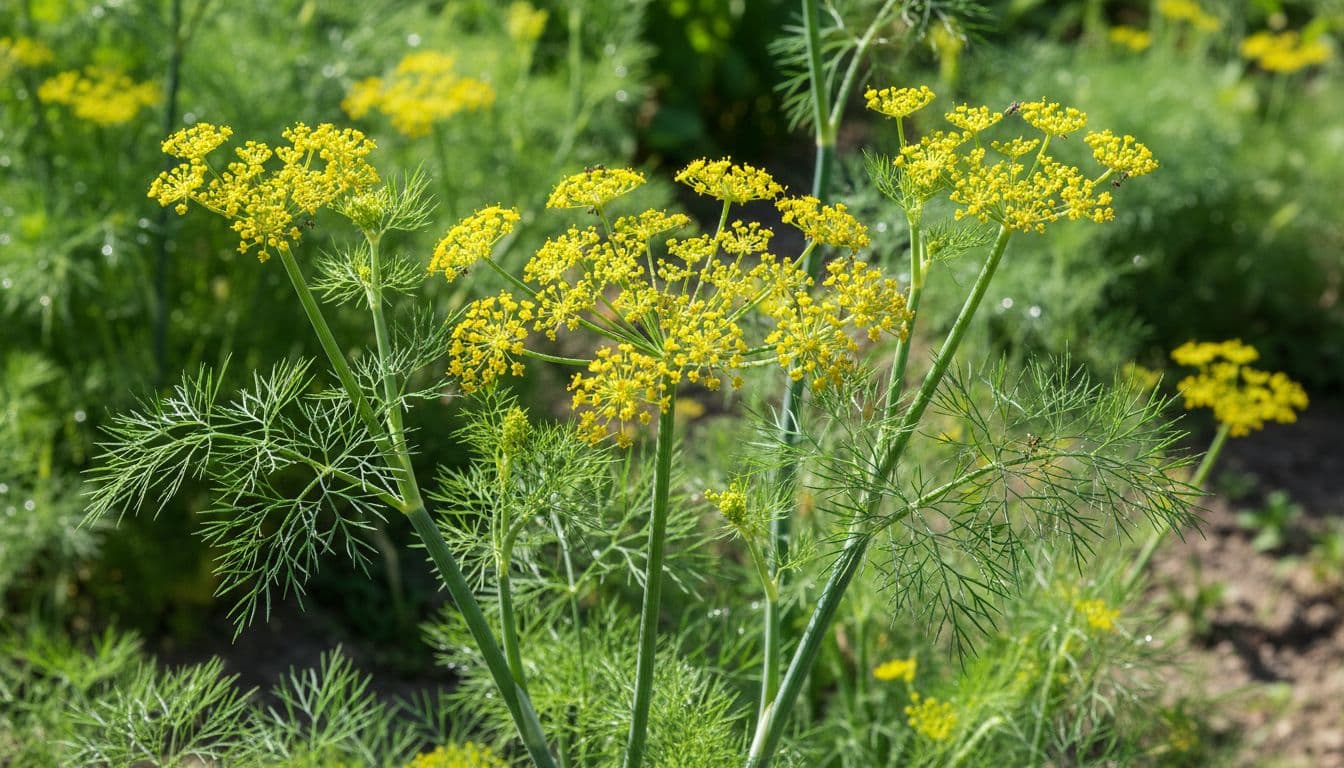 Photorealistic square composition of a Vinkel plant in a sunlit garden, featuring detailed green leaves, stems, and vibrant yellow flowers with sharp focus and natural lighting.