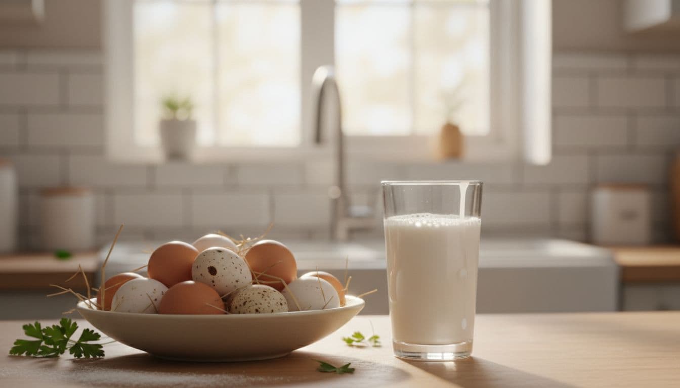 Close-up of fresh eggs in a bowl and glass of milk on a clean kitchen counter.