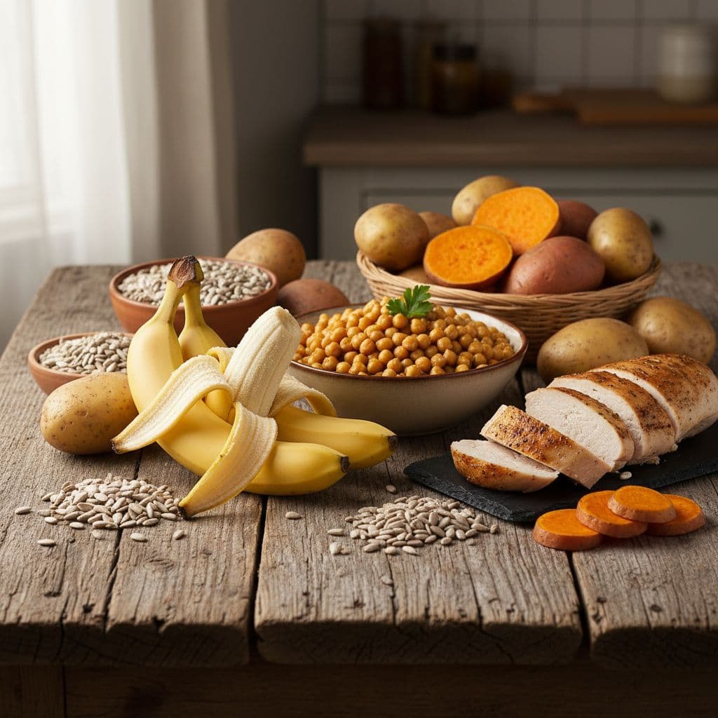A rustic wooden tabletop holds a nutritious collection of bananas, chickpeas, sunflower seeds, and raw potatoes. Soft morning sunlight highlights the textures of these healthy, whole food ingredients in the kitchen.