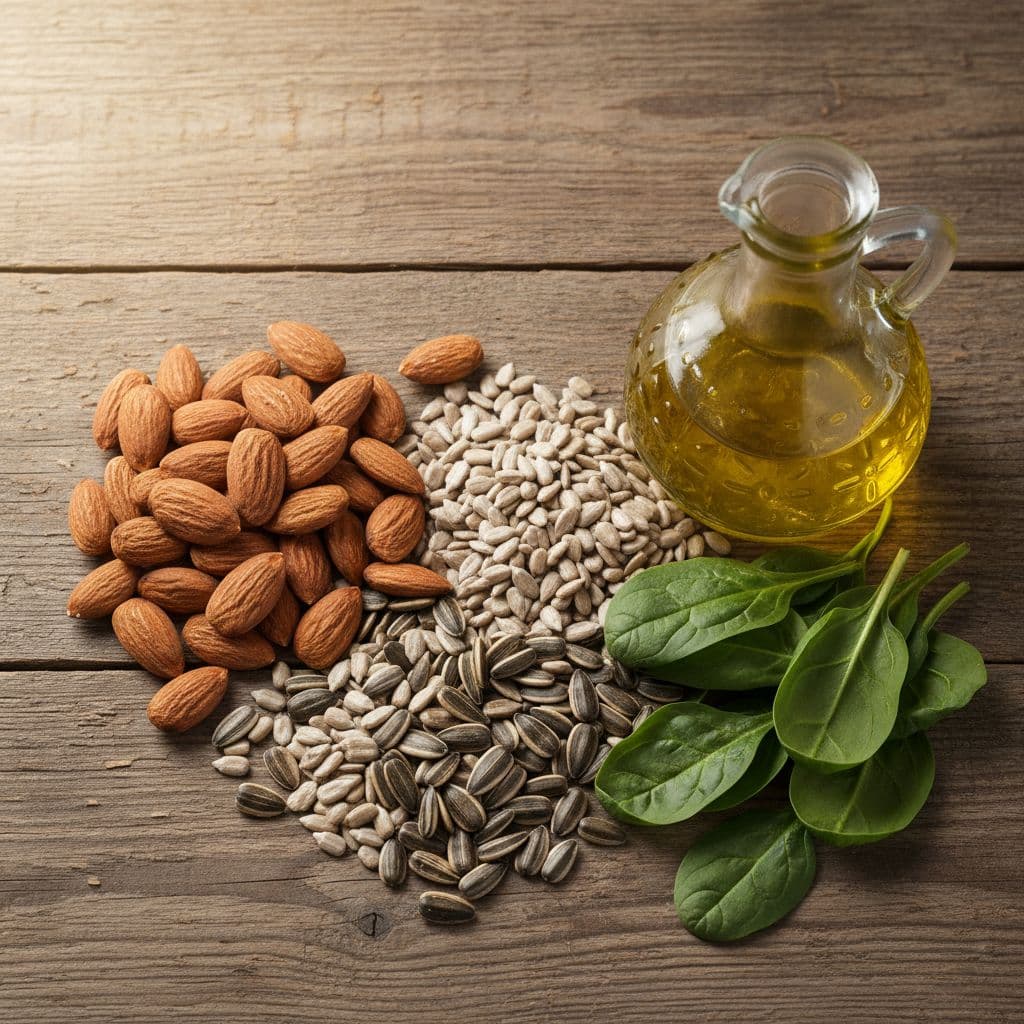 Wanneer Droë Vel en Swak Spiere op Vitamien E-tekort Wys Natuurlike Medisyne A top-down view of almonds, sunflower seeds, olive oil, and spinach on a rustic wooden table.