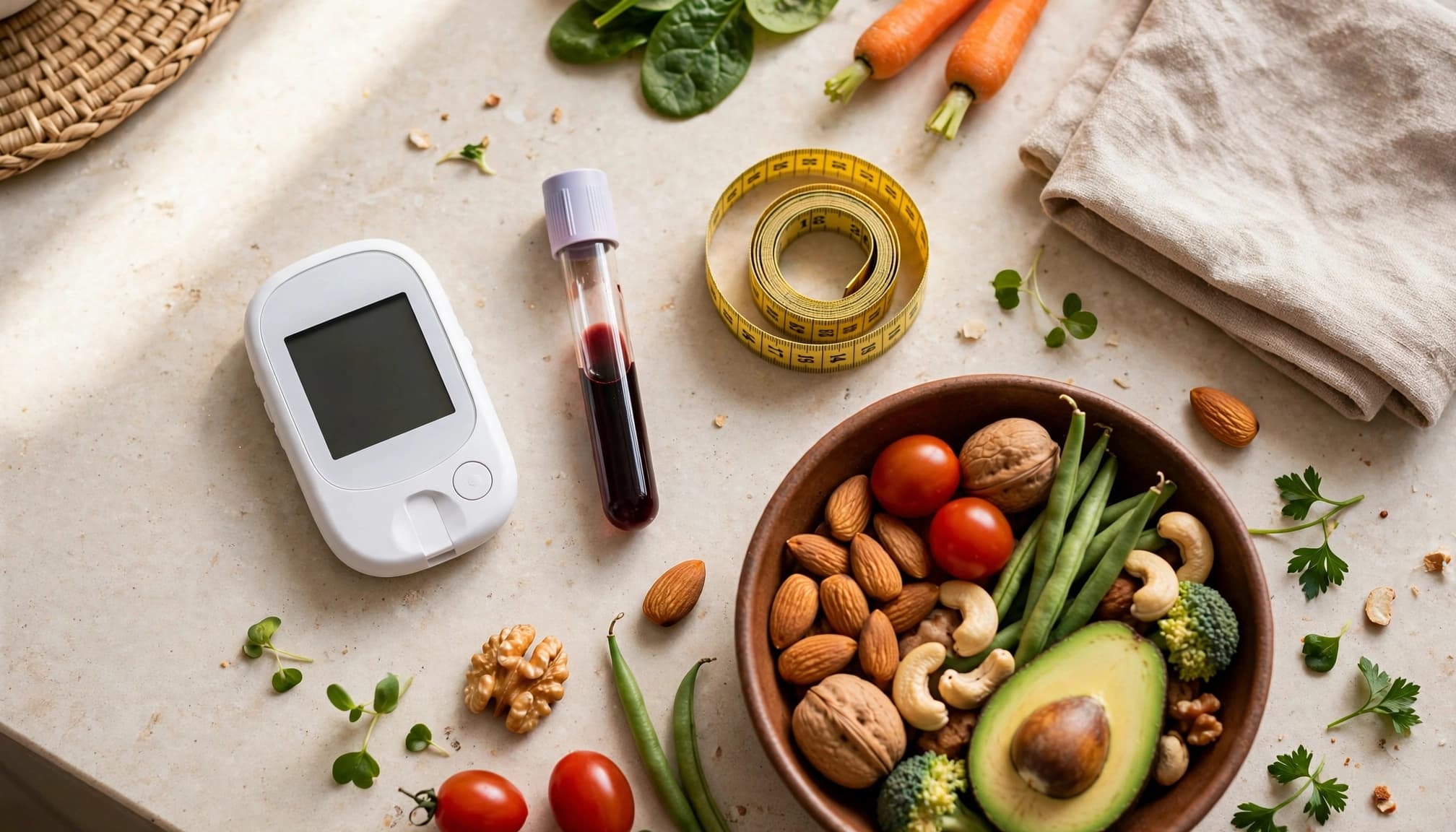 Insulienweerstand Simptome: Vroeë Tekens Voor Diabetes Natuurlike Medisyne Glukosemeter, bloedproefbuisie en maatband langs neute en groente op 'n sonnige kombuistoonbank.
