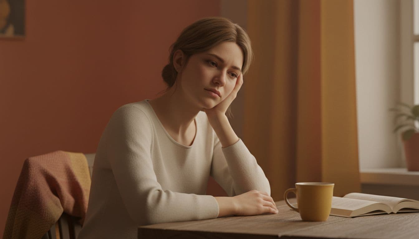 Folaattekort simptome wat moegheid en bleek vel verduidelik Natuurlike Medisyne A woman with a pale complexion sits at a table looking visibly exhausted and tired.