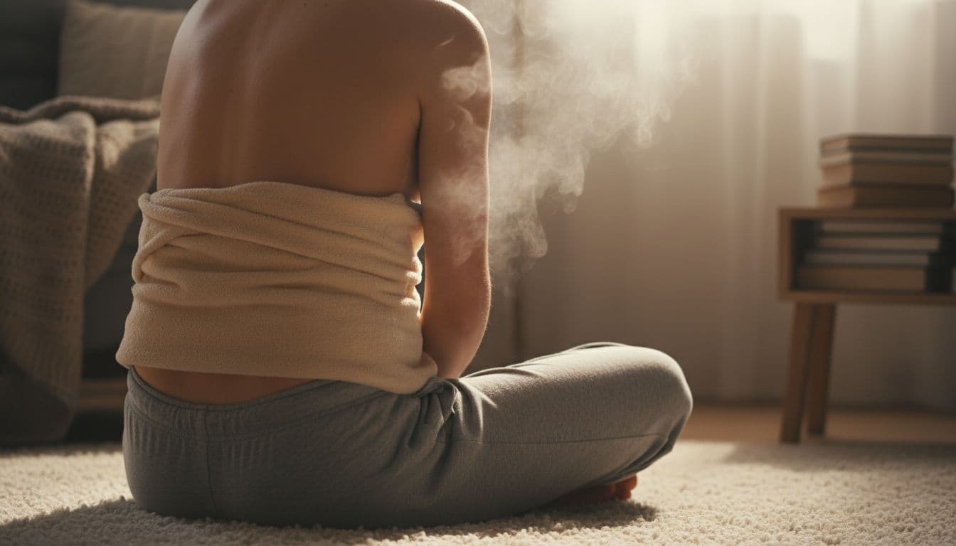 Close-up of person's lower back wrapped in warm cloth compress with gentle steam rising in cozy home.