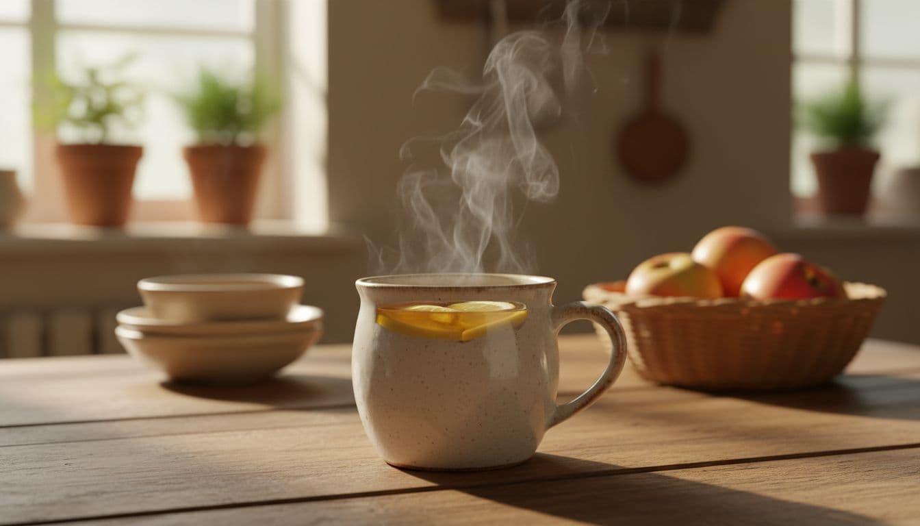 Warm cup of honey tea with lemon slices on wooden table, steam rising.