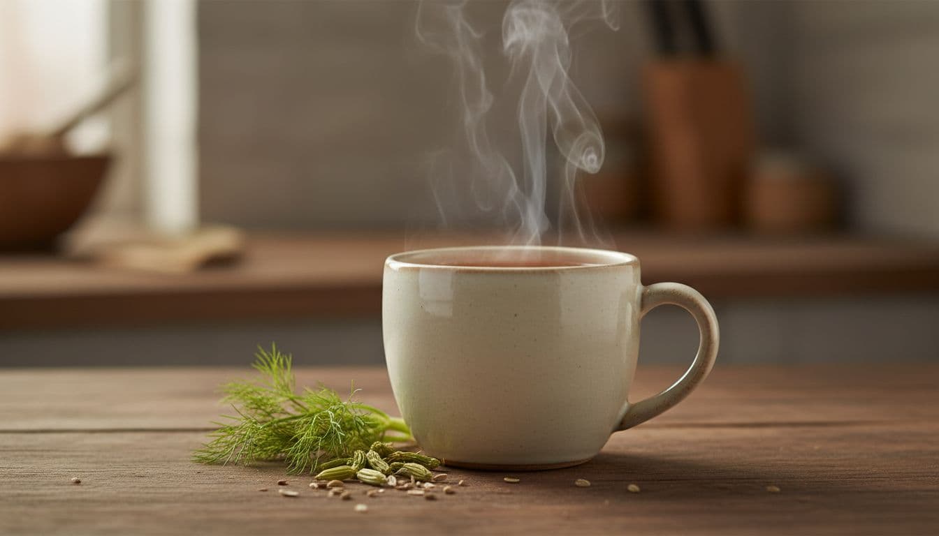 Photorealistic close-up of a single warm cup of VinkeltEE tea with rising steam, fresh leaves alongside, on a wooden table under soft lighting in a peaceful composition, no people, text, or logos.