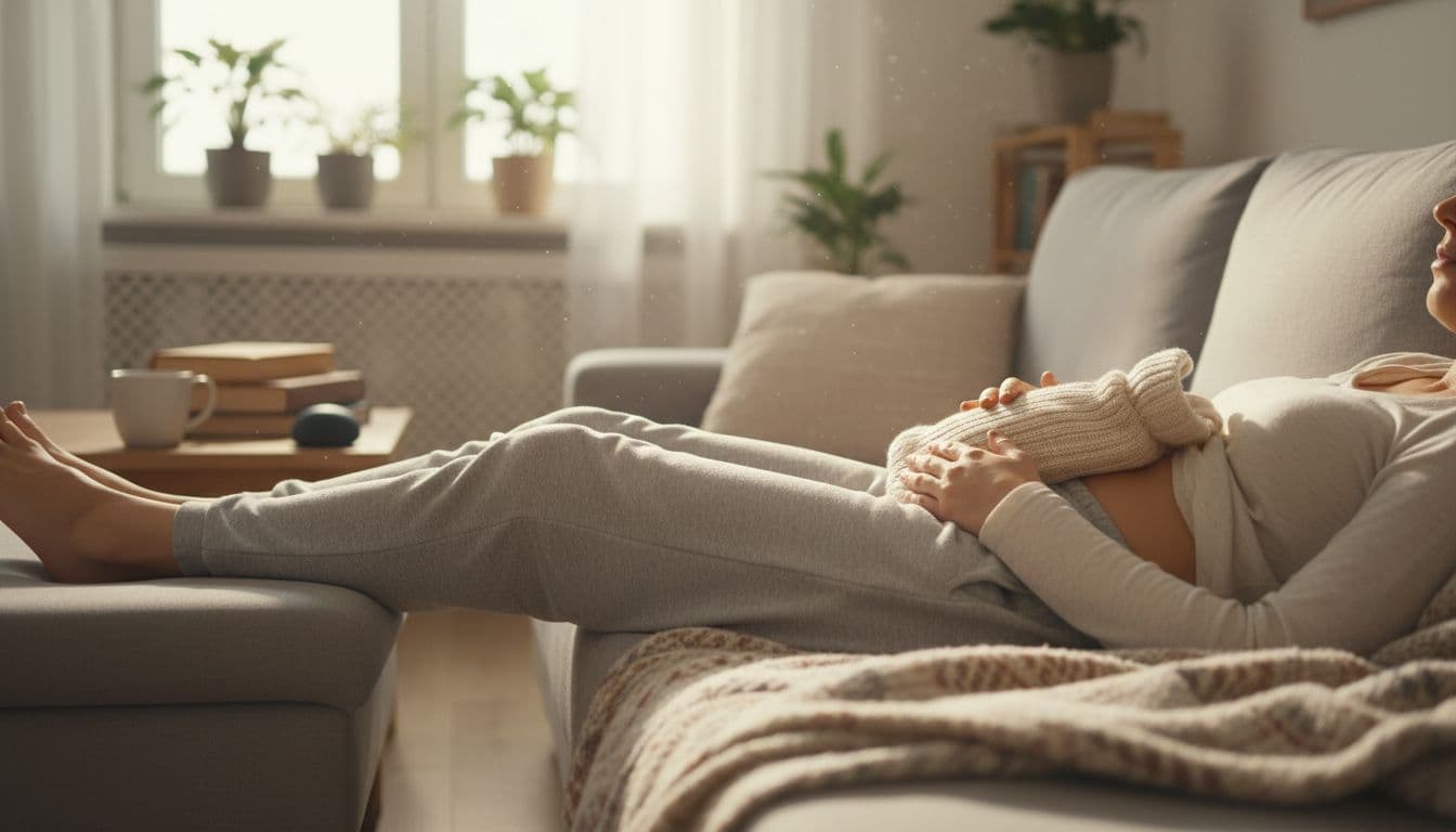 Warm water bottle wrapped in cloth rests on person's stomach while lying relaxed on living room couch, side view.