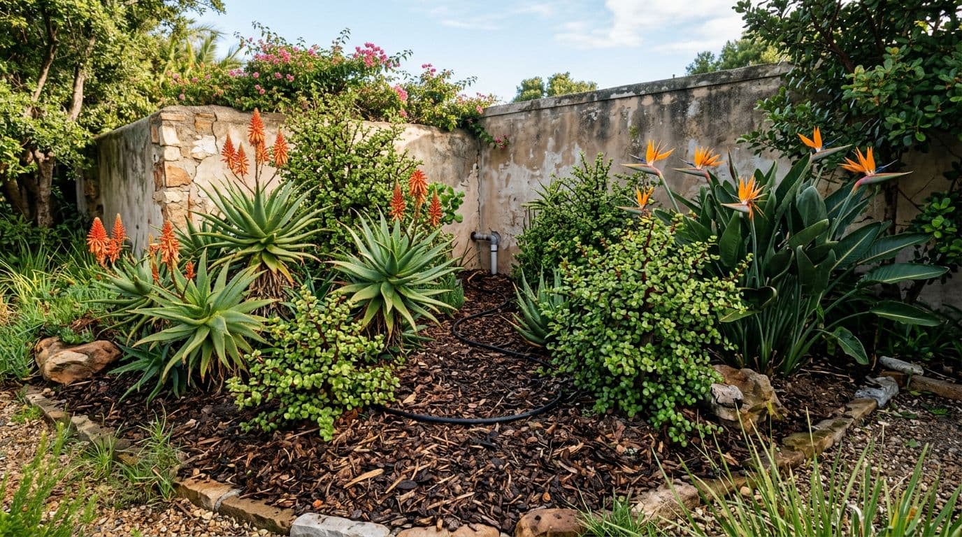 Photorealistic view of a water-wise South African backyard corner with greywater-tolerant succulents and shrubs like Aloe arborescens, Spekboom, and Strelitzia reginae around a mulch bed fed by a hidden greywater pipe and soaker hose. Soft morning light highlights detailed textures and vibrant natural colors in landscape aspect ratio.