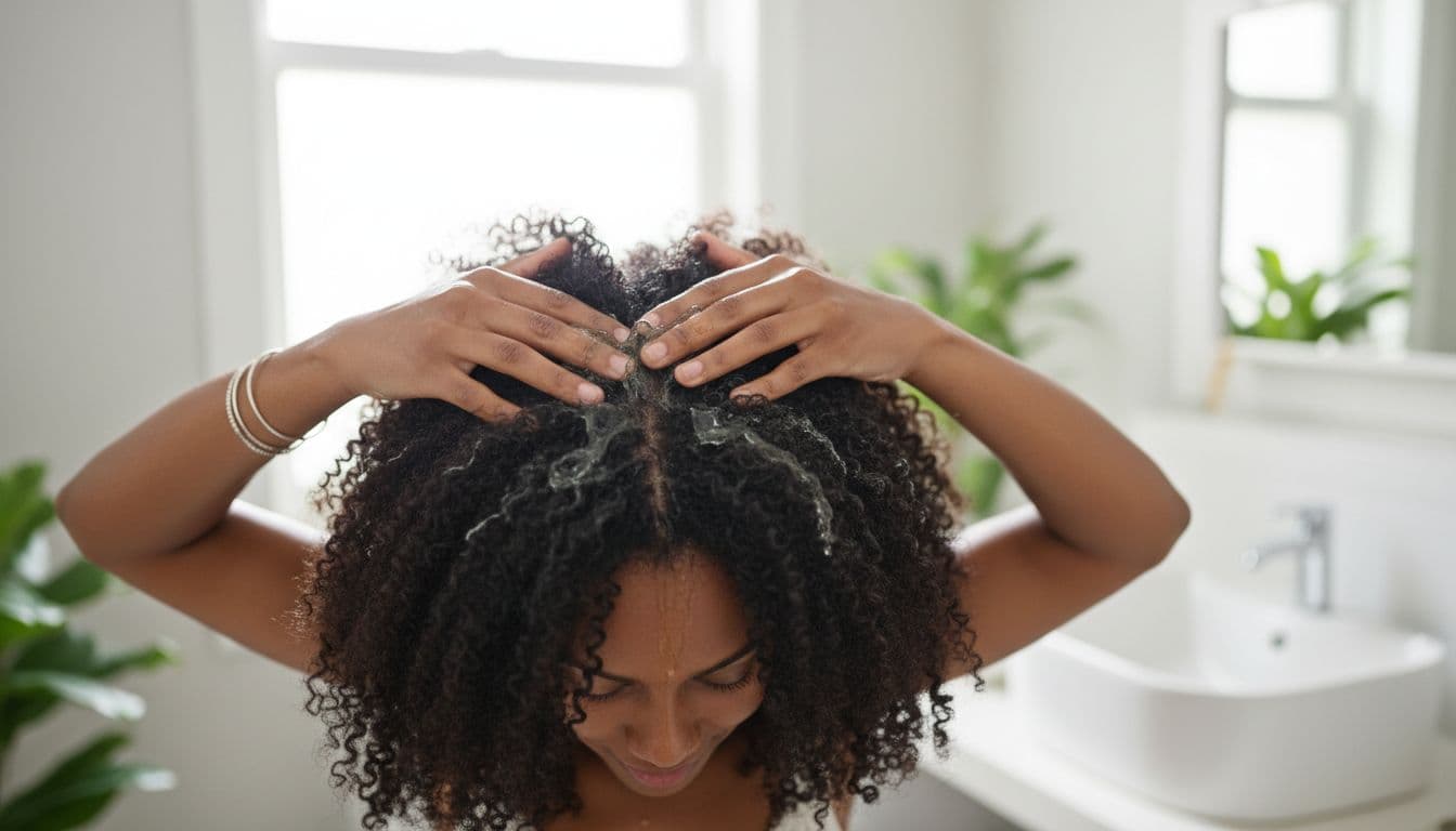 Afrikaans woman with curly hair applies aloe vera gel mask to her scalp using fingers in a bathroom with natural light, relaxed expression, focus on hands and hair, one person only.