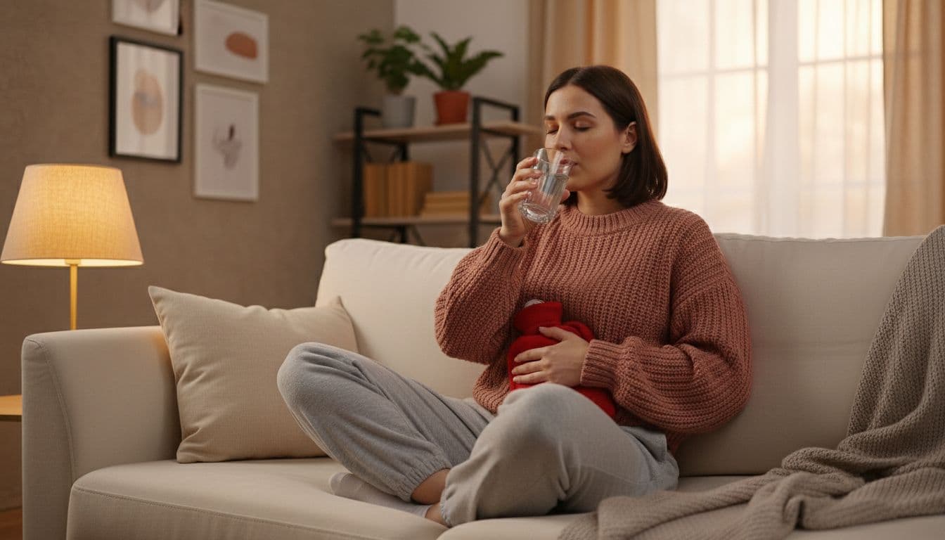 Woman in cozy living room applies warm water bottle to lower abdomen while drinking from glass.