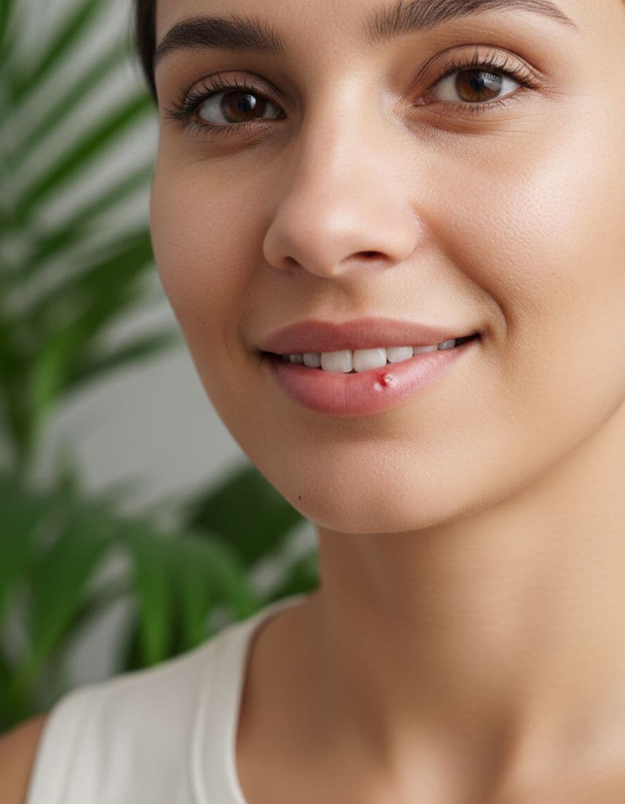 Portrait of woman with light smile, mouth slightly open revealing small fresh mouth ulcer, natural skin and green plant background.