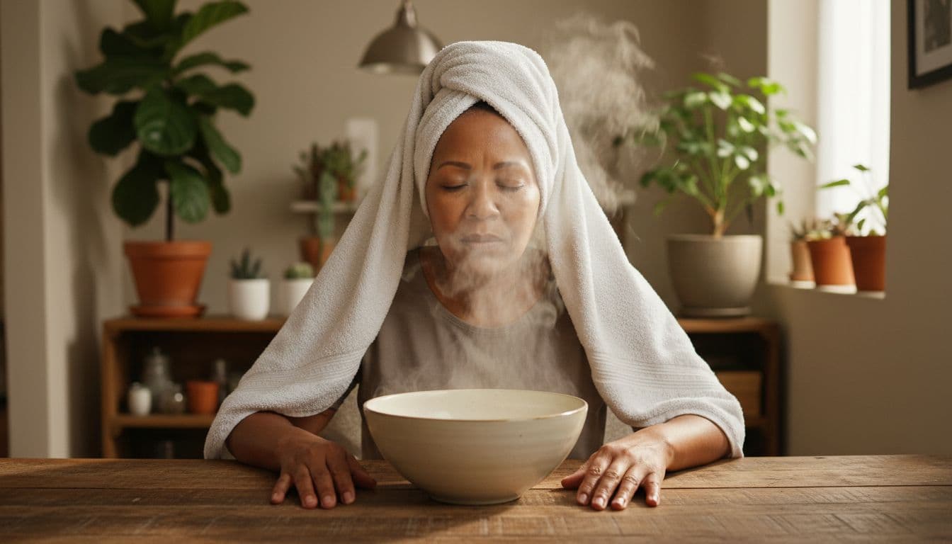 Middle-aged South African woman sits at kitchen table, head under white towel over steaming bowl, eyes closed, hands relaxed.
