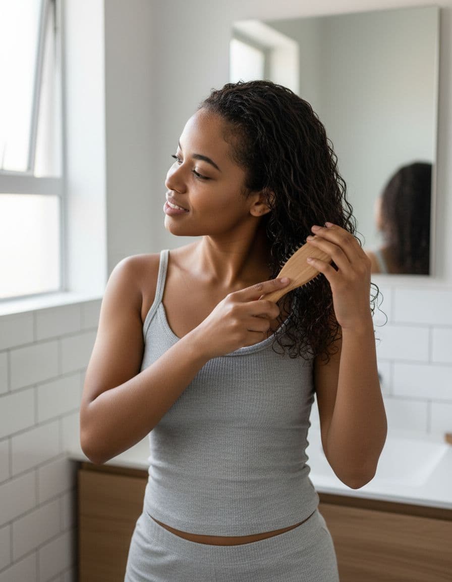 A young South African woman with clean, slightly damp, non-oily hair gently brushes her shiny, healthy hair in front of a mirror in a simple bathroom, smiling contentedly under natural soft light.