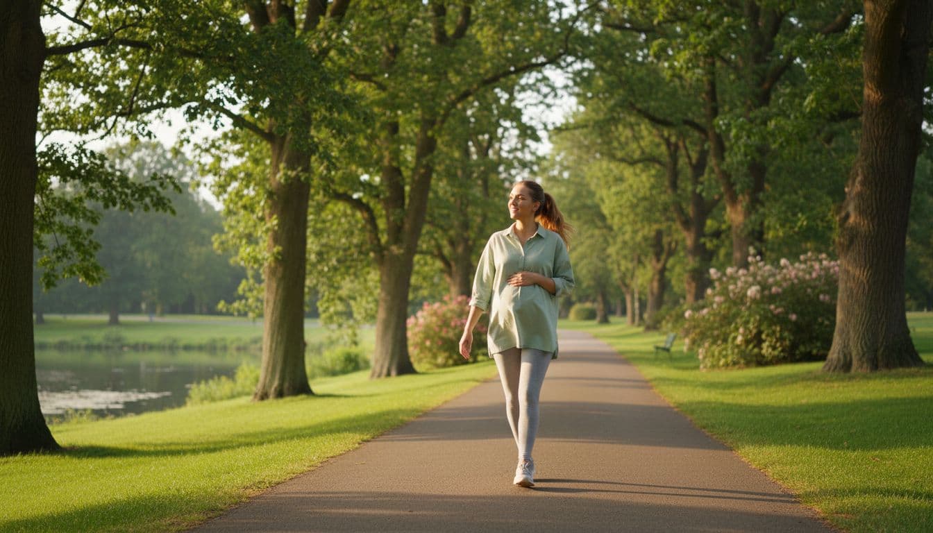 Young woman in casual clothes walks lightly in green park on sunny morning, hand on belly, relaxed face.