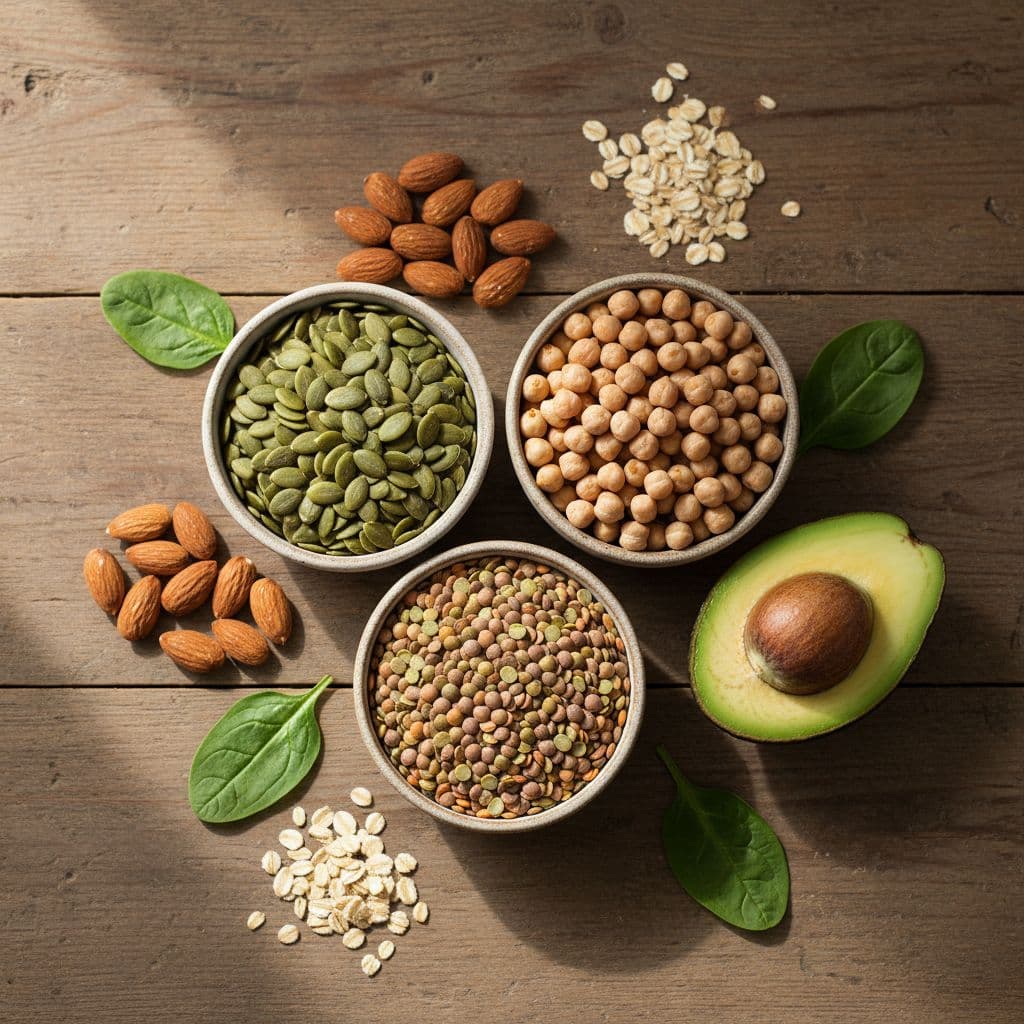 Sinktekort simptome wat wondgenesing en immuniteit benadeel Natuurlike Medisyne Small bowls containing pumpkin seeds, chickpeas, and lentils arranged neatly on a wooden surface.